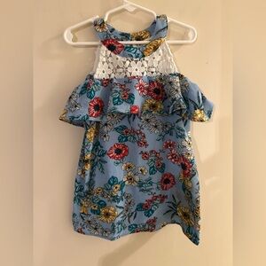 Monteau Girls Sz 8 Blue Floral White Daisy Lace Cold Shoulder Top Vacay Resort